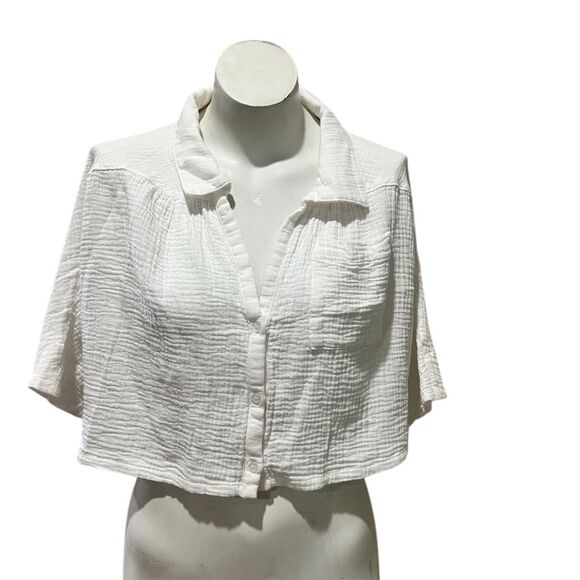 Day + Moon Women's White Cropped Button-Up Top Short Sleeve Collared Size M - Picture 1 of 10